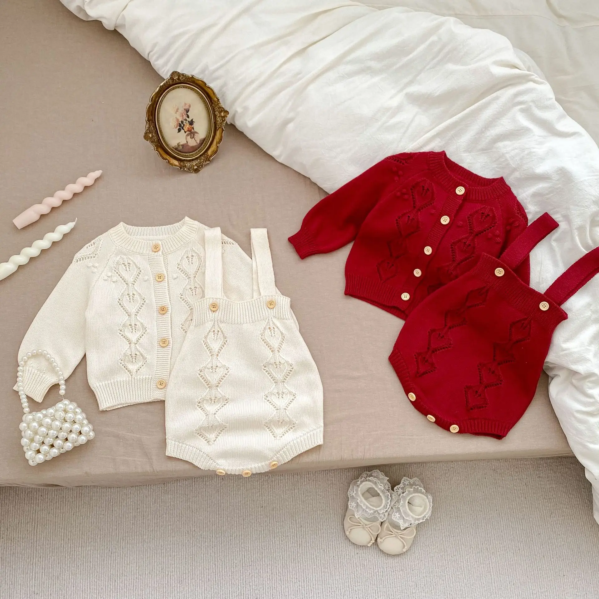 

Baby Clothes Girls 2024 Autumn New Casual Long-sleeved Knitted Coat and Suspenders Romper Two-piece Long-sleeved Sweater