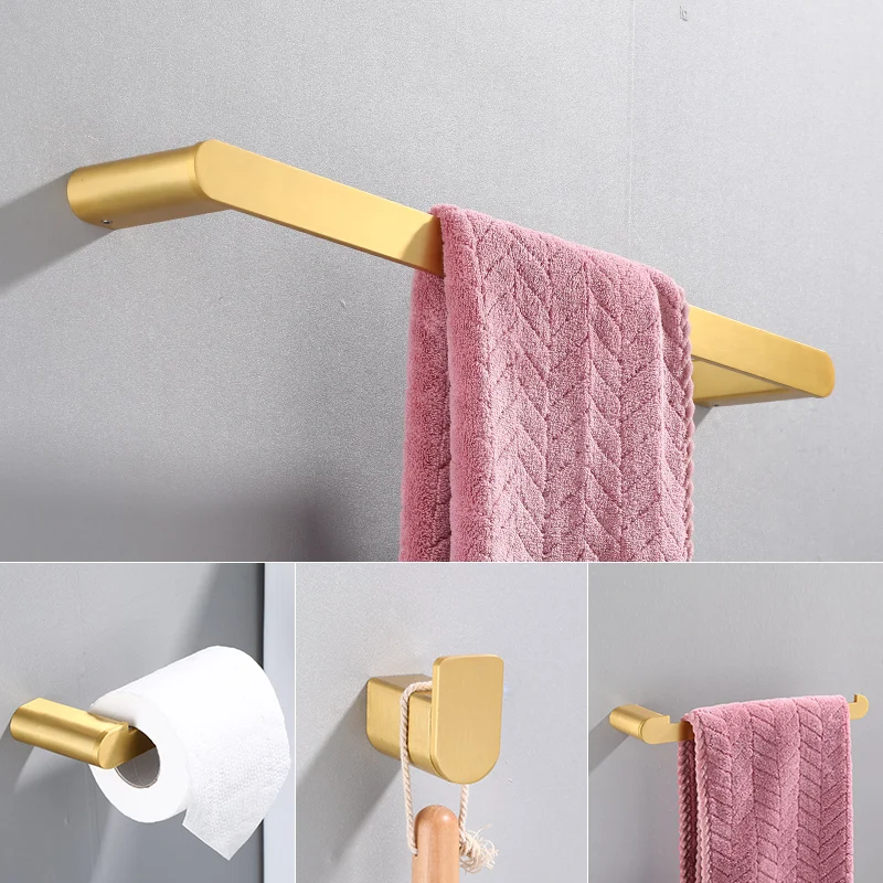 Brushed Gold  Bathroom Accessories Sets 4 Wall Mounted Towel Bar Robe Hooks Toilet Paper Roll Holder Stainless Steel Hardware
