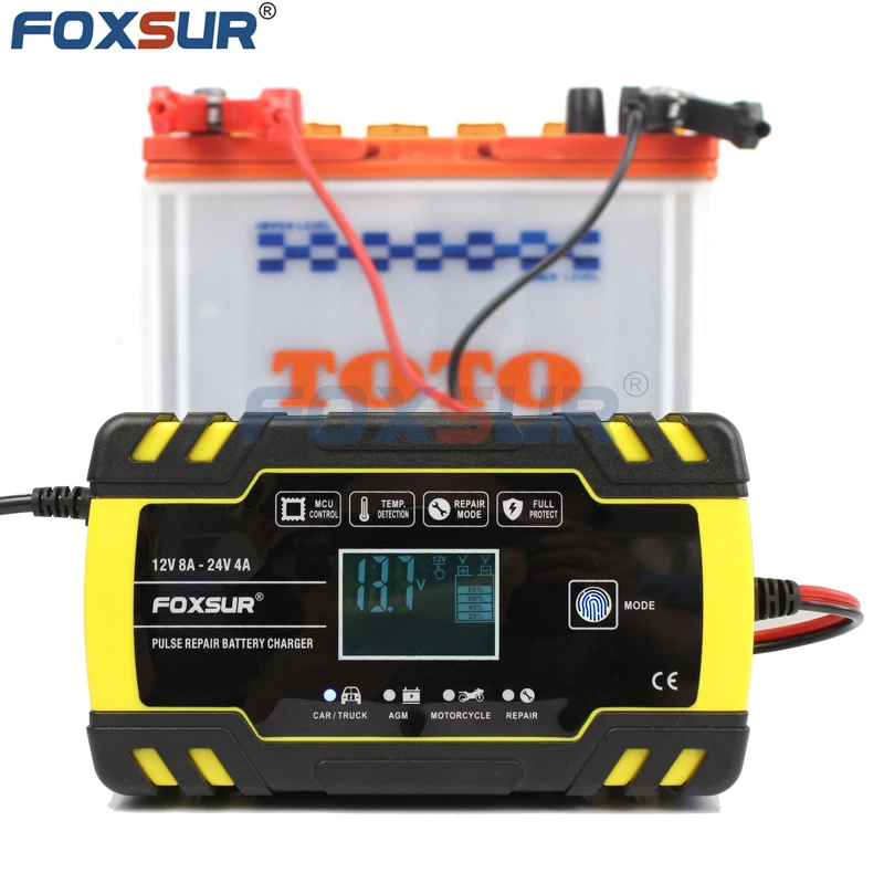 FOXSUR 12V 24V 8A Automatic Smart Battery Charger, 3-stage smart Battery Charger, Car Battery Charger for GEL WET AGM Battery