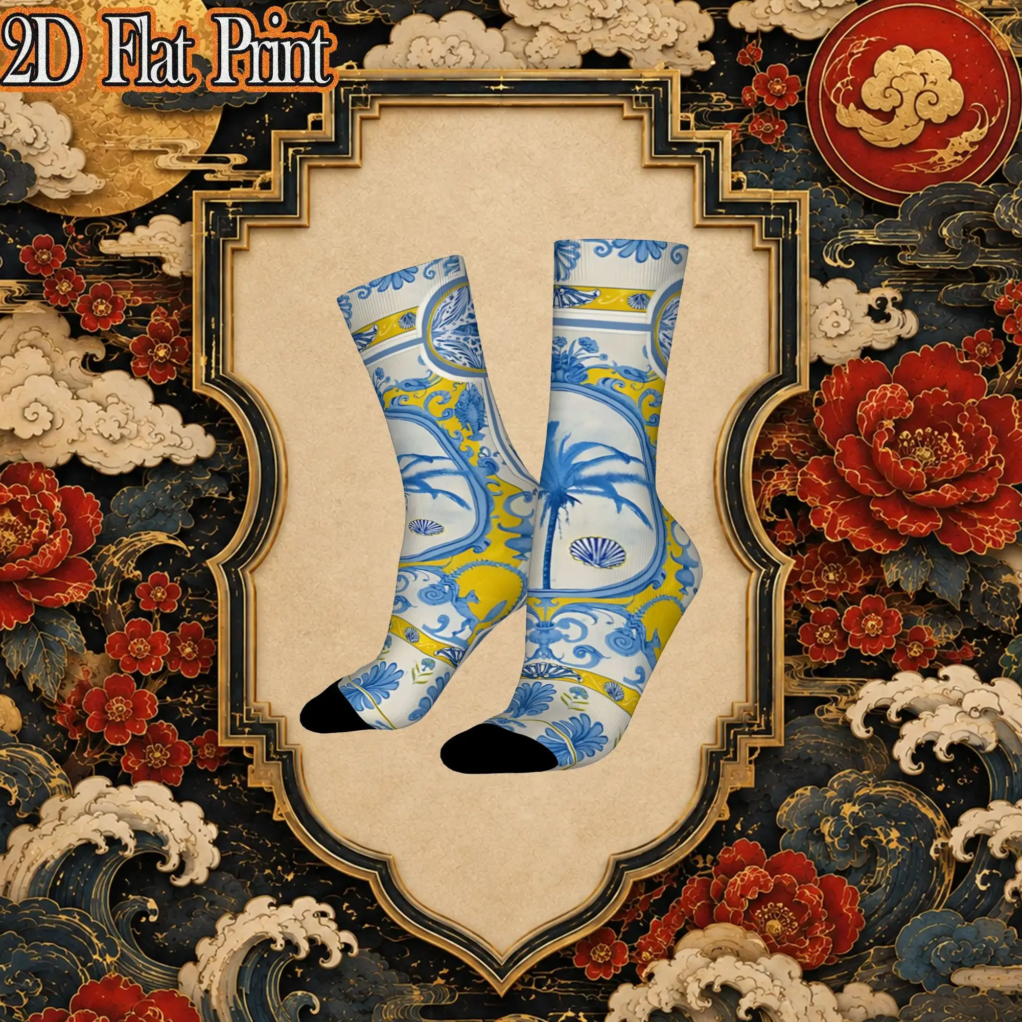Vintage Mediterranean Tile Print Retro  Street Style Novelty Pattern Crew Creative Sock Sports Socks