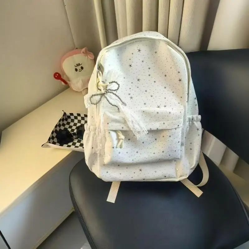 Damen-Schultaschen aus Segeltuch mit mehreren Taschen, Tagesrucksack mit Schleifenanhänger, Laptop-Rucksäcke – Detail 8