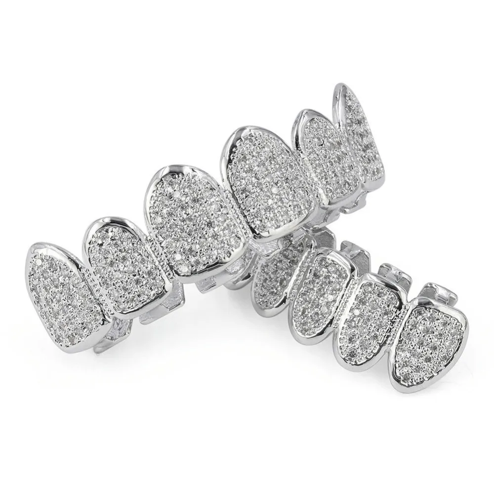 Fashion Cold Bling Teeth Decoration Silver Gold Teeth Brace Set Unisex Top Bottom Mouth Removable Teeth Cap For Halloween Party