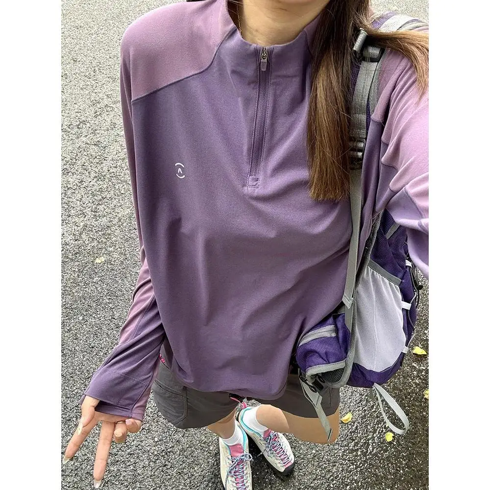 紫 f ジッパー Qui Dry 薄手 ロング Sve アウトドア サイクリング ウェア レディース 夏 T-irt カップル スポーツ トップ