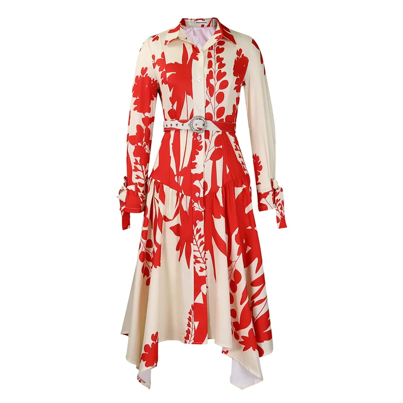 ABRT-여성 가을 ​​꽃 드레스 Boho 긴 소매 옷깃 미디 Sundress Flowy Dress