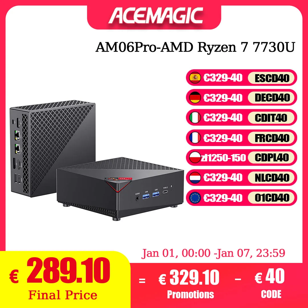 ACEMAGIC Mini PC AMD Ryzen 7 7730U(8C/16T, jusqu'à 4.5Ghz) Mini ordinateur 4K Triple affichage Mini ordinateurs de bureau BT5.2/WiFi 6