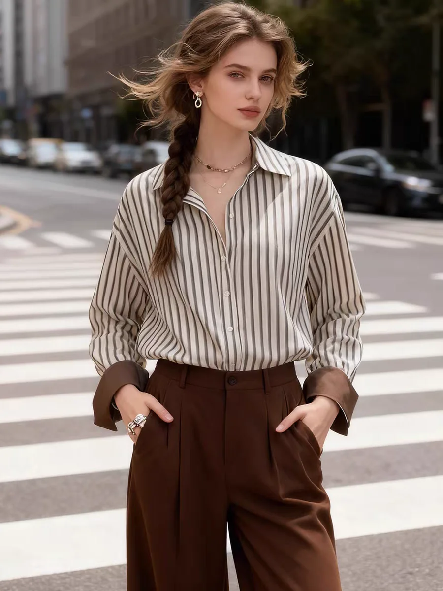 

Women's Patchwork Polo Collar Button Striped Fashion Loose Minimalist Casual Loose Long Sleeved Shirts 2026 Spring Blouse Trendy