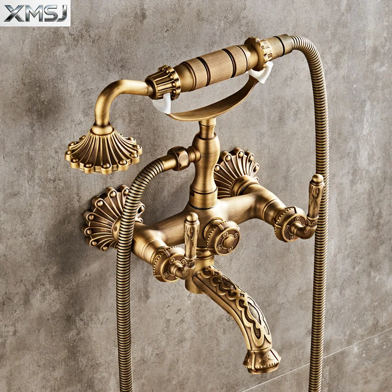 

Ретро латунный резной душевой набор - полностью медный смеситель для горячей и холодной воды, душ для ванны с ручным распылителем, 7-сторонний разъем типа A
