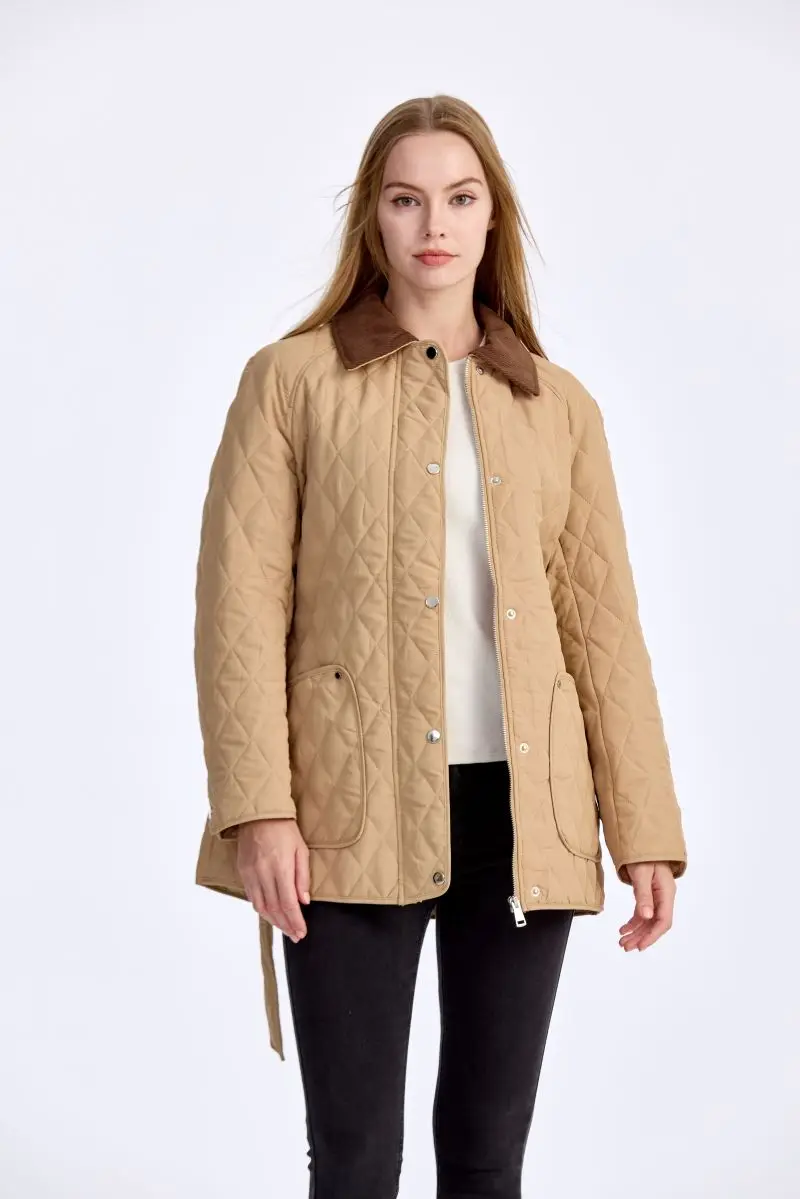 

Winter Women's Padded Coat Thick Warm Polyester Wadding With Waist Belt Contrast Collar Long Sleeve Plain Parka Jacket