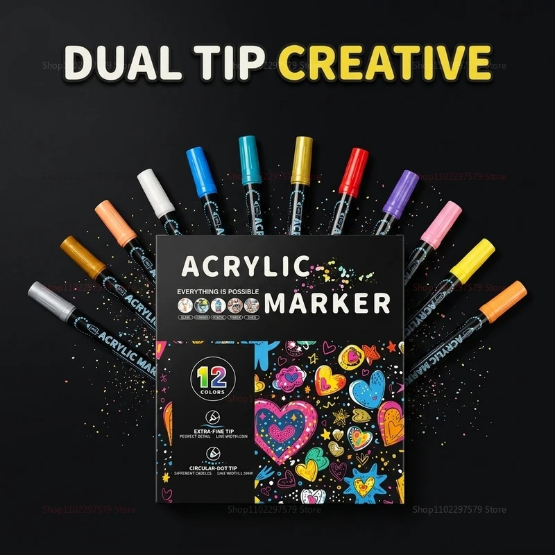 Professional 36 Color Acrylic Paint Markers Dual Tip Fine and Brush for Art Calligraphy Crafting Surface Painting Studio Drawing