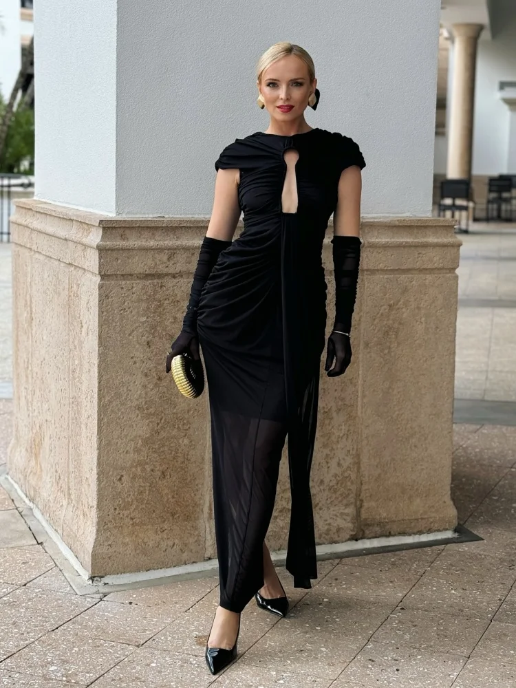 فستان سهرة أنيق أسود مكشكش - فستان ماكسي بفتحة رقبة عالية وأكمام قصيرة بطول الأرض فساتين طويلة شبكية للنساء