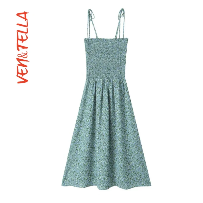 Retro floral print pleated elastic waistband slimming lace up dress~VEN&TELLA