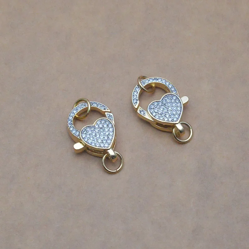 5pcs/lot High Quality Two-tone Design Shiny CZ Paved Heart Shape Lobster Clasps for Diy Necklace Bracelet Making Supplies