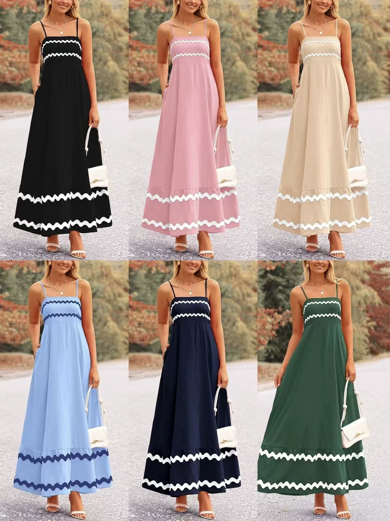 Vestido largo elegante con tirantes finos, encaje de color liso y falda amplia acampanada.