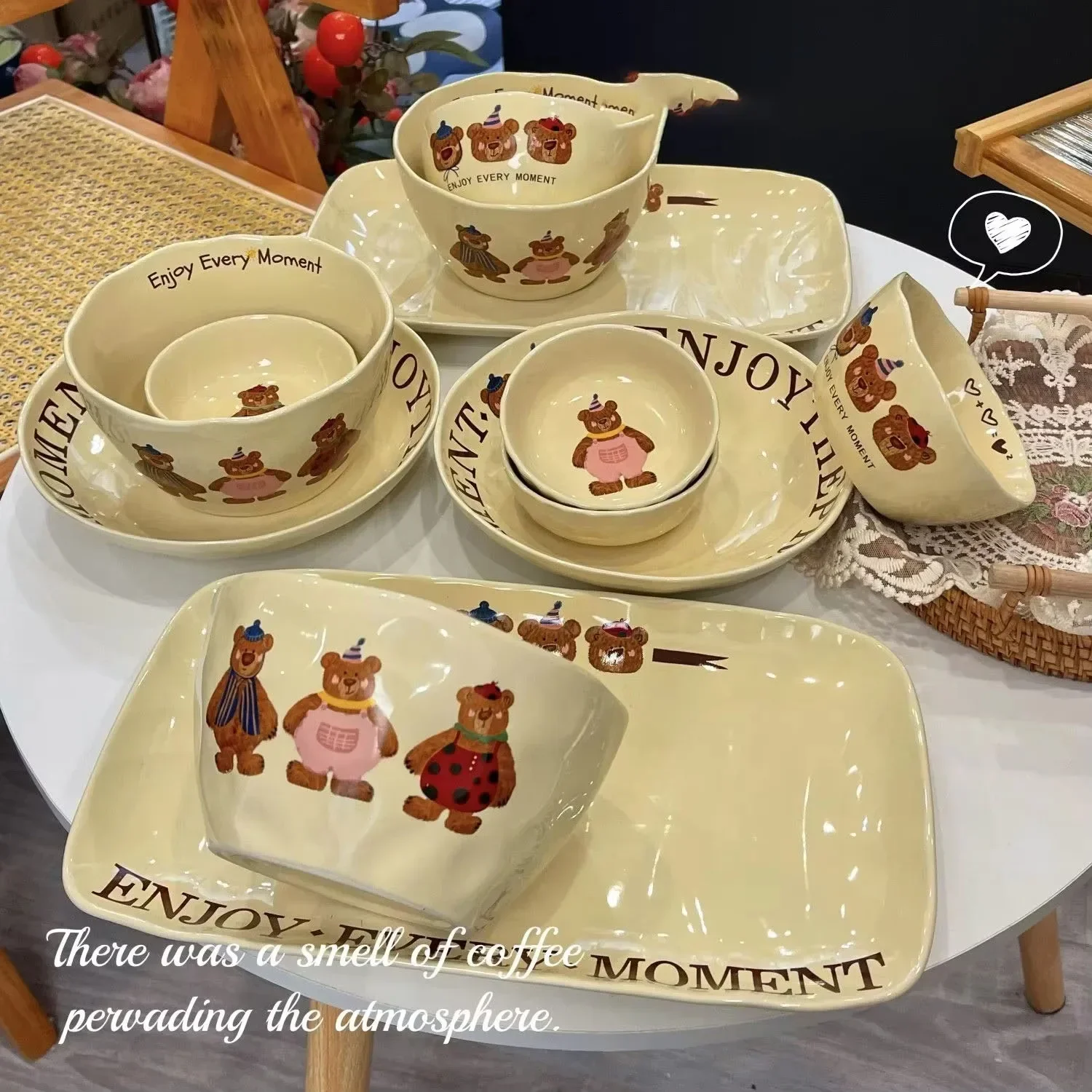 Korean Style Three Little Bear Cartoon Bowls Cute Tableware Cartoon Household Thickened Ceramic Bowl Plate Cutlery Set Soup Bowl