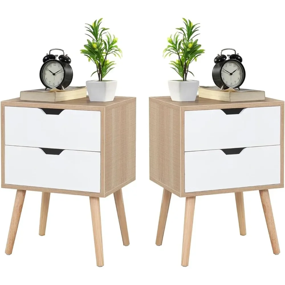 

Nightstands Set of 2-Natural Beside Table with Storage Drawer - Midcentury Modern Bedroom Storage Cabinet