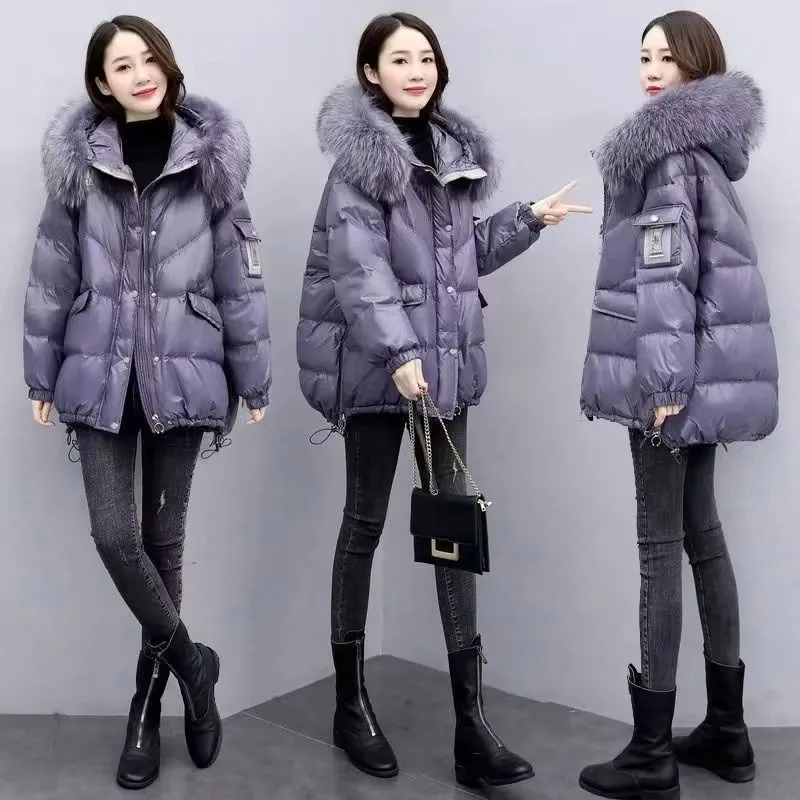 Piumino da donna in cotone 2024 nuova giacca spessa allentata coreana di media lunghezza collo di pelliccia con cappuccio invernale parka femminile