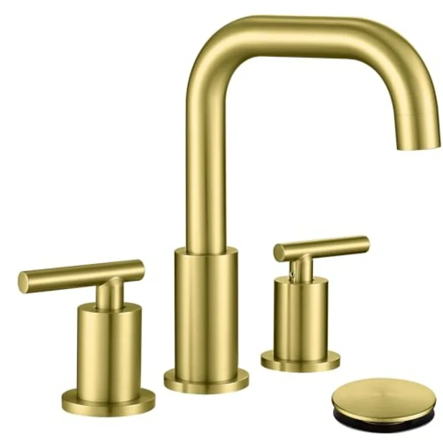 

Gold Bathroom Faucet with Drain and Supply Hose 2 Handles Brushed Gold Widespread Bathroom Faucet for Sink 3 Hole Bathroom Fauc
