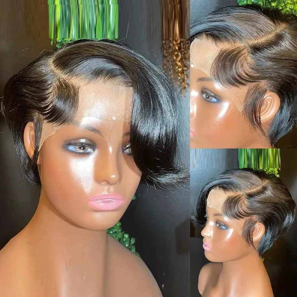 Slide Pixie Cut Perücken aus Echthaar 13x4 Lace Front Perücken Kurze Bob-Perücke Brasilianisches Glattes HD Lace Frontal Echthaar-Perücke 200 Dichte – Detail 4