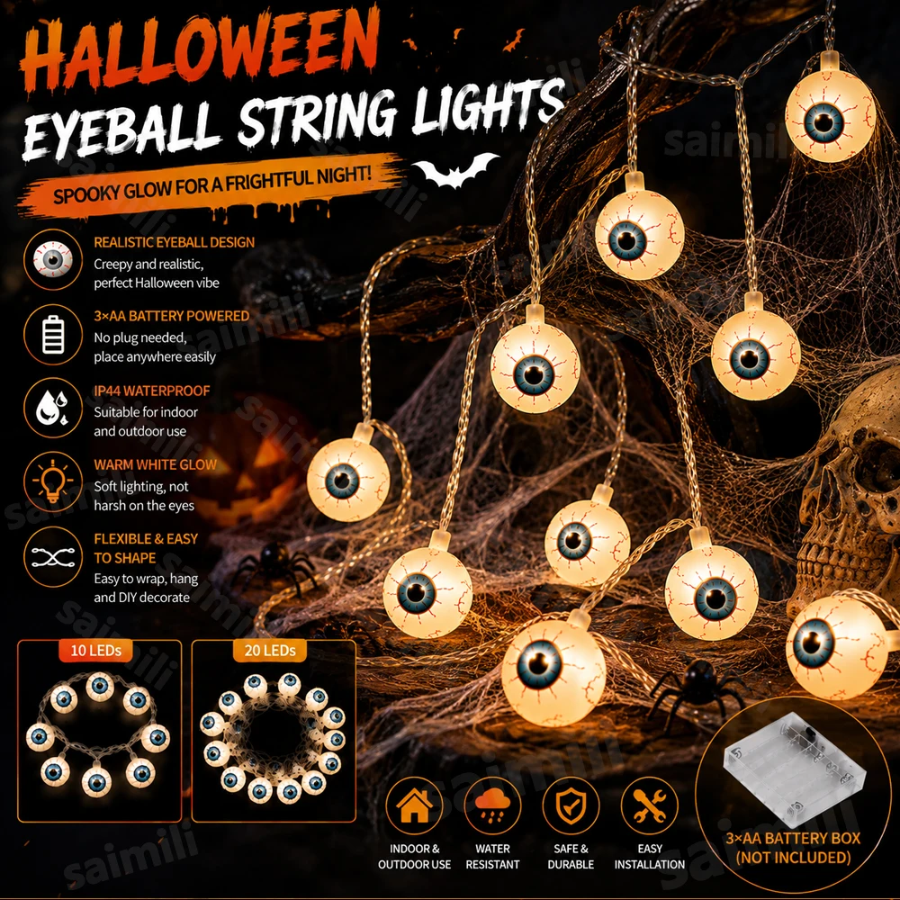 Battery Powered Halloween Spooky Eyeball LED String Lights Warm White Glow Ornament For Home Holiday Party DIY Decor Lighting