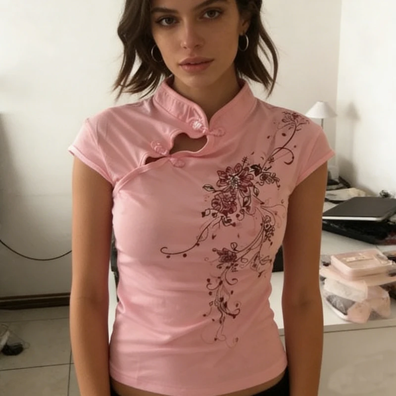 European American Summer New Style Chinese Style Floral Print Slanted Plate button Slim Fit Short Sleeve T-shirt Women Short Top