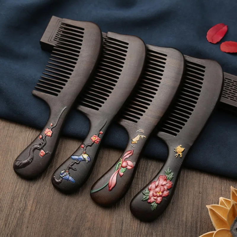 

Natural Wooden Comb Ebony Carved Solid Wood Comb Anti-static Scalp Massage Sandalwood Comb