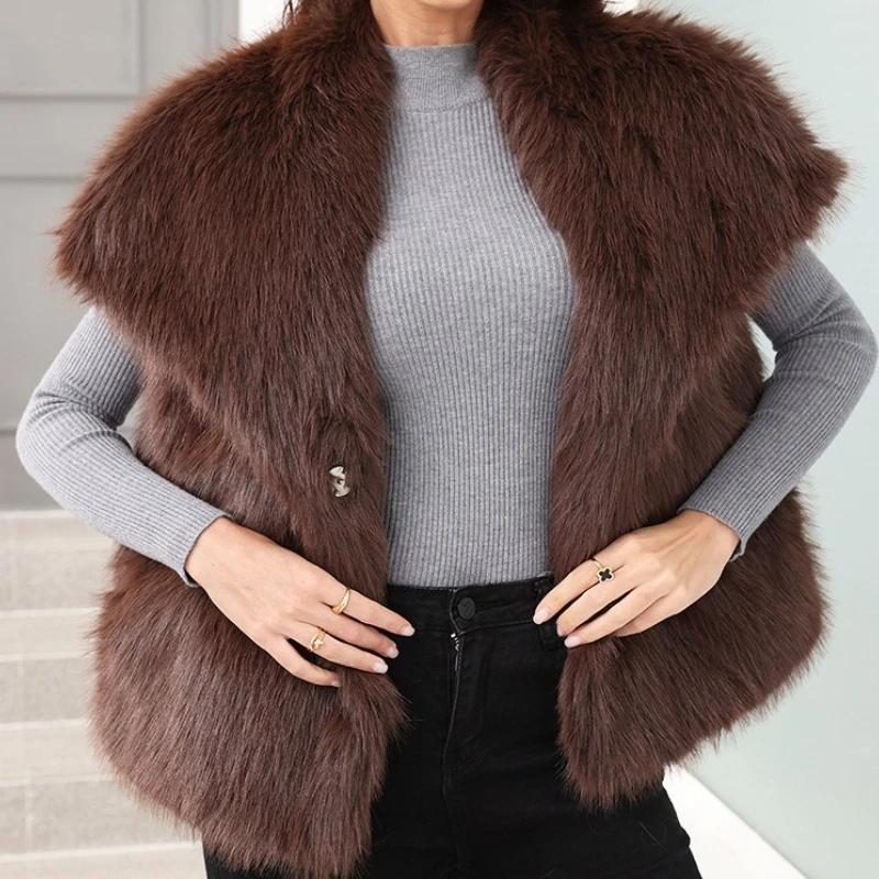 Vest Jackets Women New Autumn 2025 Winter Faux FurSleeveless Turn Down Collar Spliced Streetwear Lady Furry Cardigan Warm Coat