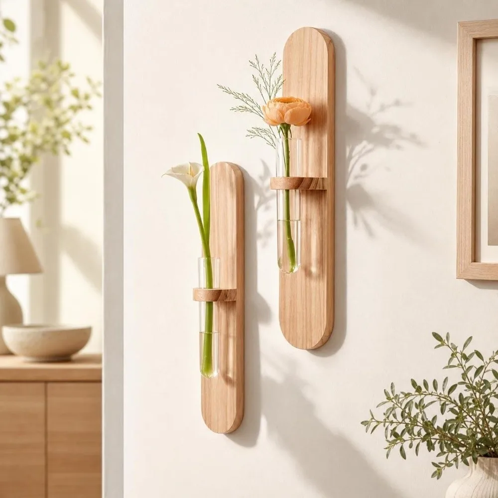Wooden Wall Mounted Planter Home Ornaments Creative Design Flower Plant Pot Vase Minimalist Style Water Plant Tube Stand