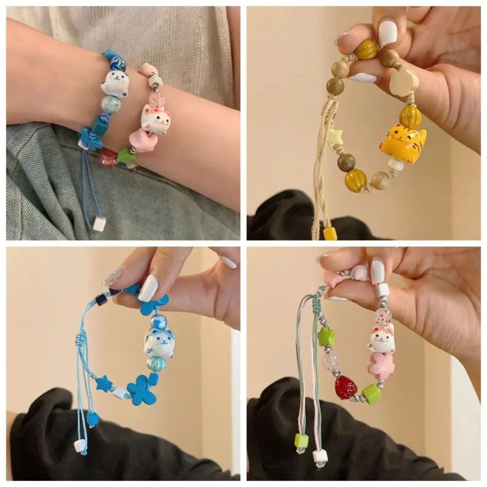 Fresh Ceramic Cat Bracelet Maneki Neko Bracelet Charming Lucky for Cat Bead Bracelet Gifts for Children Adult Men Women