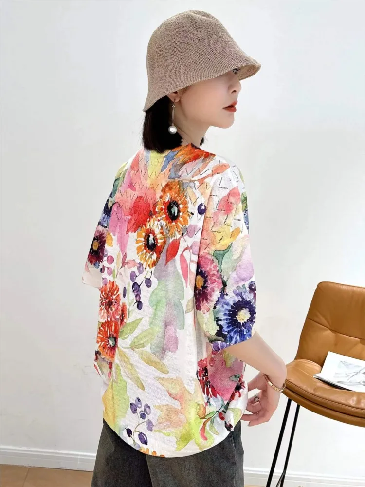 Oversized Summer Knitted T-Shirts Tops Women Loose Fashion Flower Floral Print Ladies Blouses Casual Short Sleeve Woman Tops