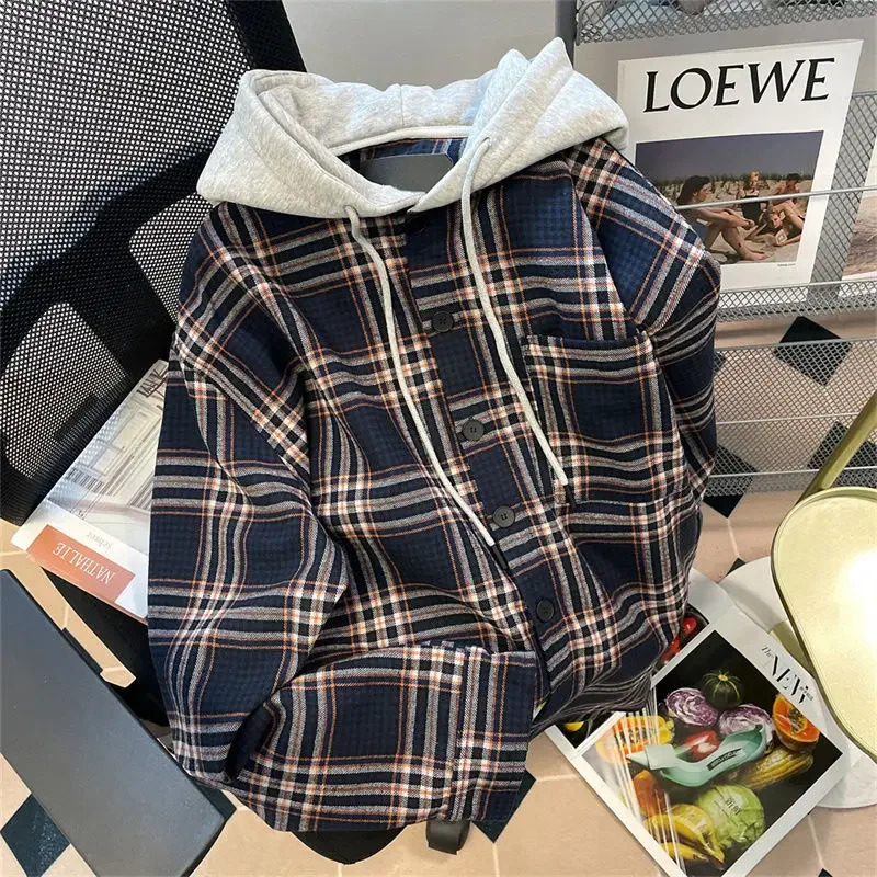 

American retro plaid hooded shirt women's spring and autumn new high-grade fashion casual Joker long-sleeved shirt women shirt