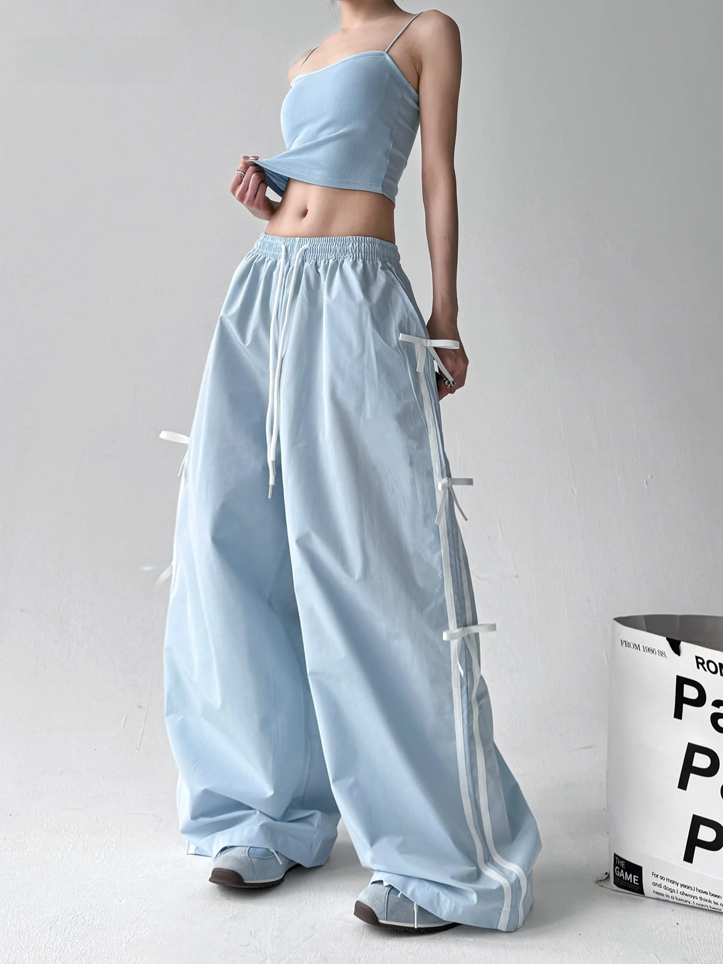 

Летние женские повседневные брюки 2025 года с завязками, высокой талией, свободного кроя, универсальные, для работы, широкие, длинные