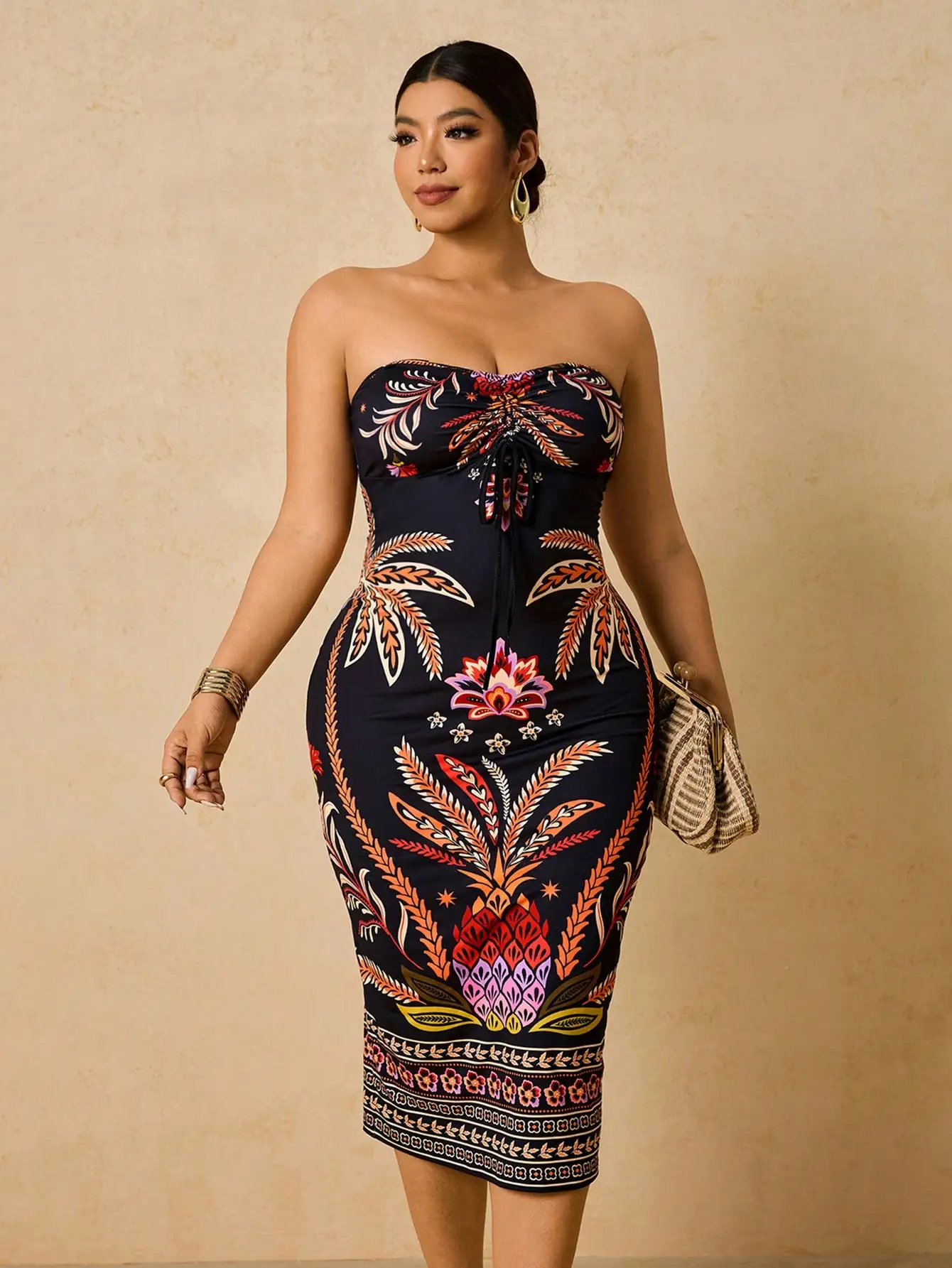 Plus Size Black Tropical Floral Strapless Drawstring Midi Dress for Party Beach Cruise
