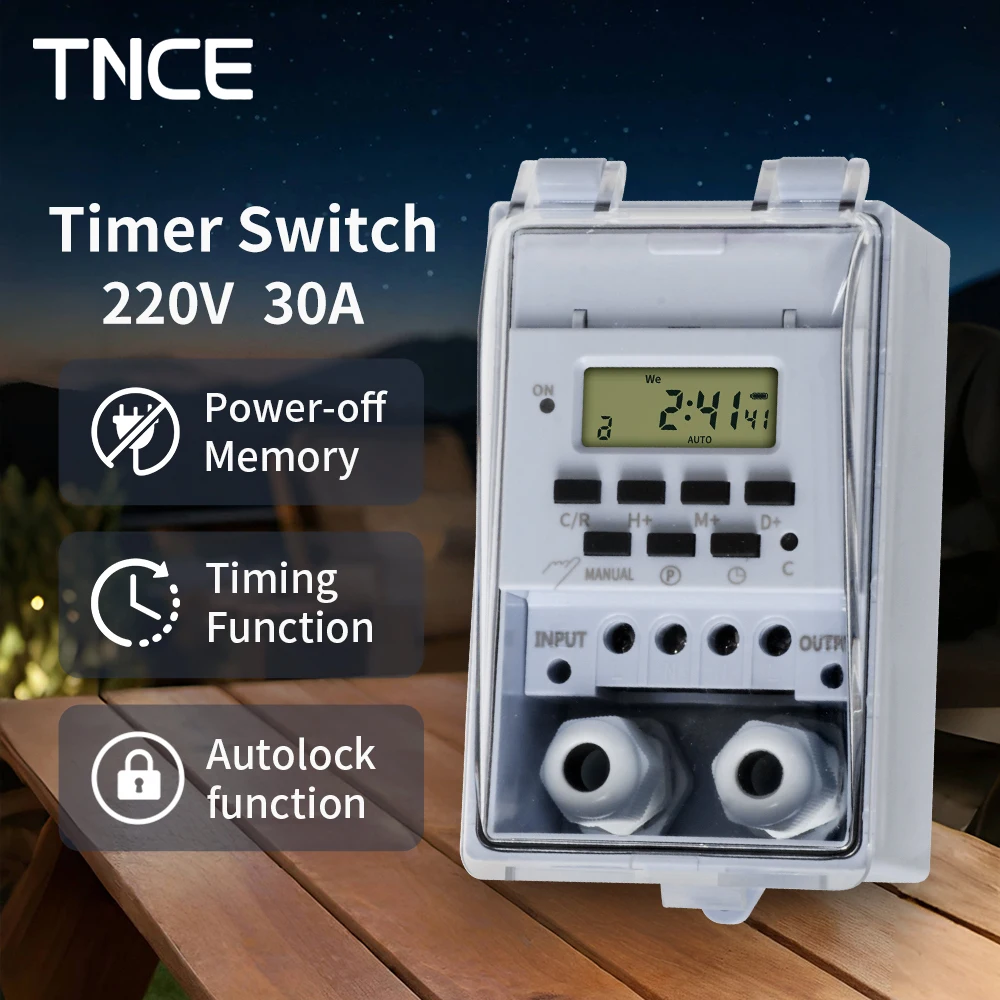 مفتاح مؤقت TNCE 30A، وحدة تحكم في الوقت 220 فولت مقاومة للماء، يتم ضبطها إلى ثوانٍ، 32 مجموعة من الموقت تشغيل وإيقاف، للضوء، مضخة مياه