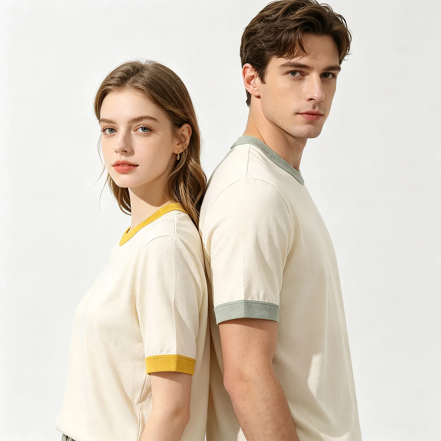 2Pcs Couple Matching Beach Tops Fashion Color Stitch O-Neck Soft Cotton Short Sleeve Comfort Daily