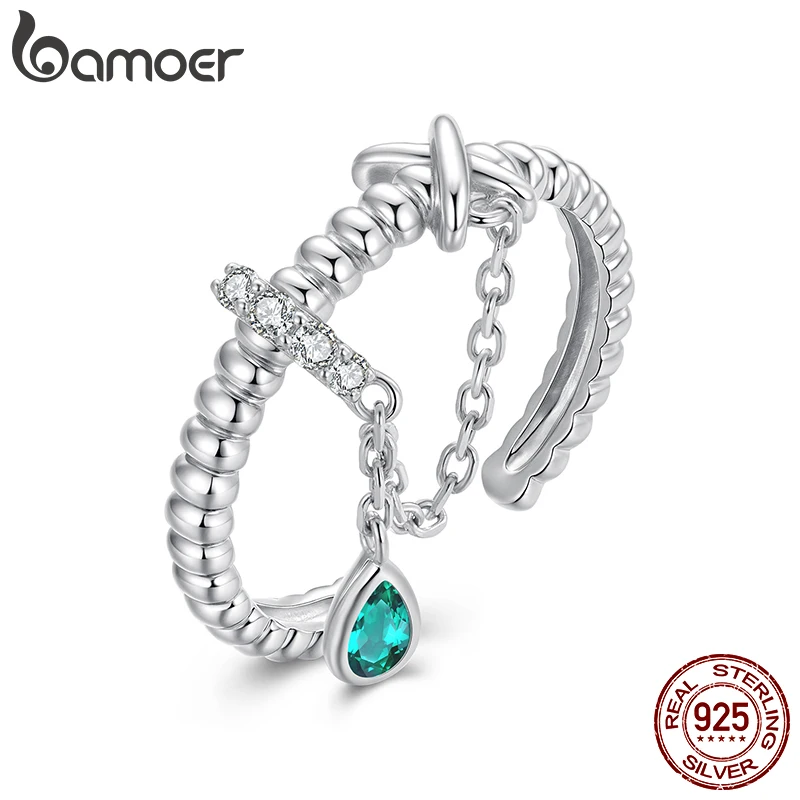 

Bamoer 925 Sterling Silver Cross Knot Twisted Open Ring Adjustable Chain Ring with Green Oval Zircons for Women Teardrop Gift