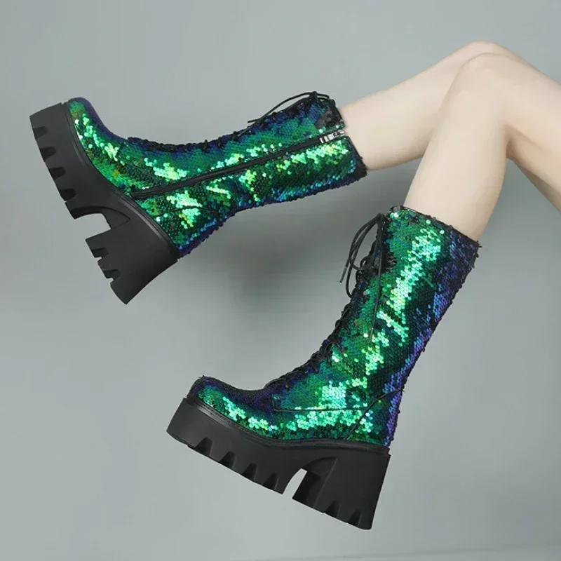 2024 inverno nuova moda paillettes punta tonda piattaforma stivaletti per le donne stile Punk Party Nightclub Stage Mujer scarpe di grandi