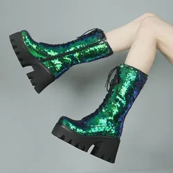 2024 inverno nuova moda paillettes punta tonda piattaforma stivaletti per le donne stile Punk Party Nightclub Stage Mujer scarpe di grandi dimensioni 43