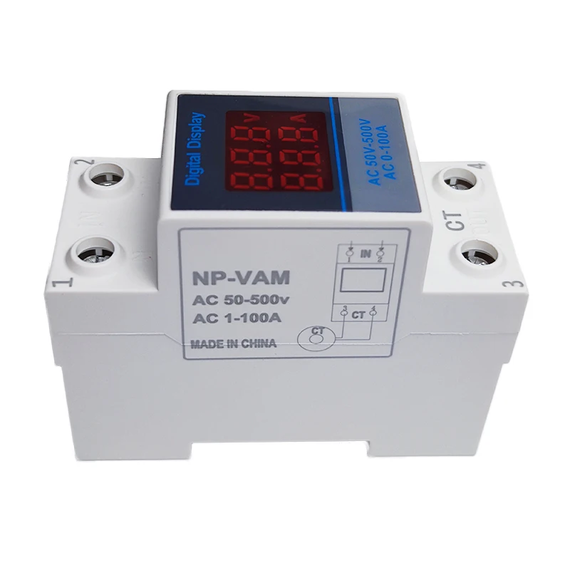 1Pcs NP-VAM Din Rail Digital 1-100A / 1-63A Ammeter AC 50-500V Voltmeter LED Display Amp Volt Meter With Transformer