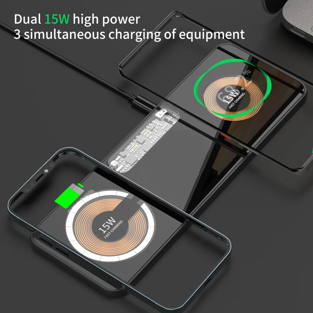 2 in 1 Dual 15W Wireless Charger Magnetic Aluminum Alloy Chassis Glass Panel Charger For iPhone 12 13 Samsung Xiaomi Mi Huawei