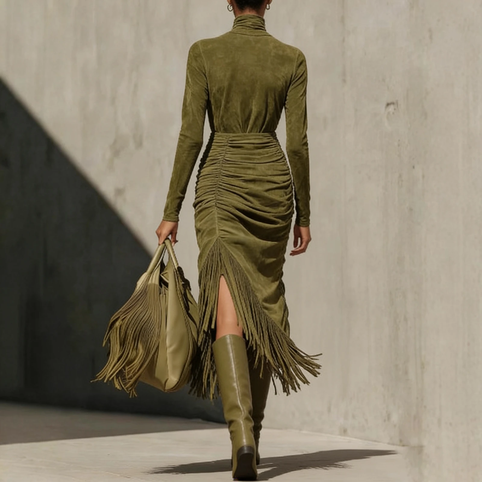 Frauen Elegante Temperament Kleid Sexy Quaste Design Rollkragen Bequeme Kleid Dame Täglichen Anmutige Einfarbig Langes Kleid