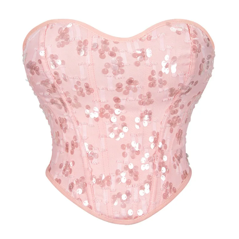 Sexy Sequin Embellished Corsets for Women, Vintage Pink Top, Support Chest Shaping Bra, Tummy Control, Body Shaper Lingerie, New