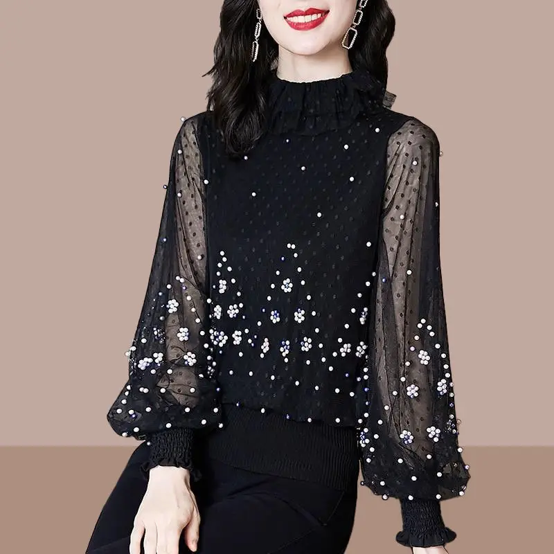 Elegant Spliced Gauze Beading Lantern Sleeve Blouse Women\'s Clothing 2022 Autumn New Oversized Casual Pullovers Loose Chic Shirt