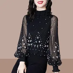 Elegant Spliced Gauze Beading Lantern Sleeve Blouse Women's Clothing 2022 Autumn New Oversized Casual Pullovers Loose Chic Shirt