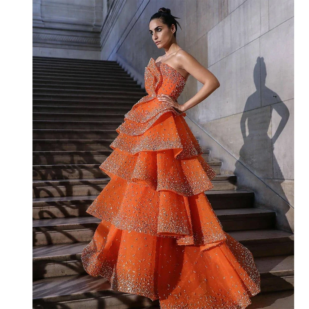 Luxury Sparkly Crystal Tiered Evening Dress Women Orange Sleeveless Strapless Vestidos De Fiesta Elegantes Para Mujer Prom Gowns