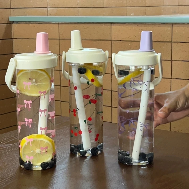

850ML Cute Bow Plastic Water Bottle With Straw Cup Cover Large Capacity Leak Proof Coffee Juice Cups Boba Pearl Milk Tea Drinks