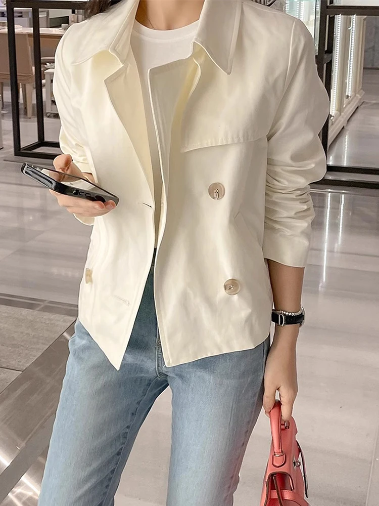 Clothland Women Elegant Solid Basic Trench Coat Double Breasted Long Sleeve Jacket Female Outwear Coats Mujer CB084