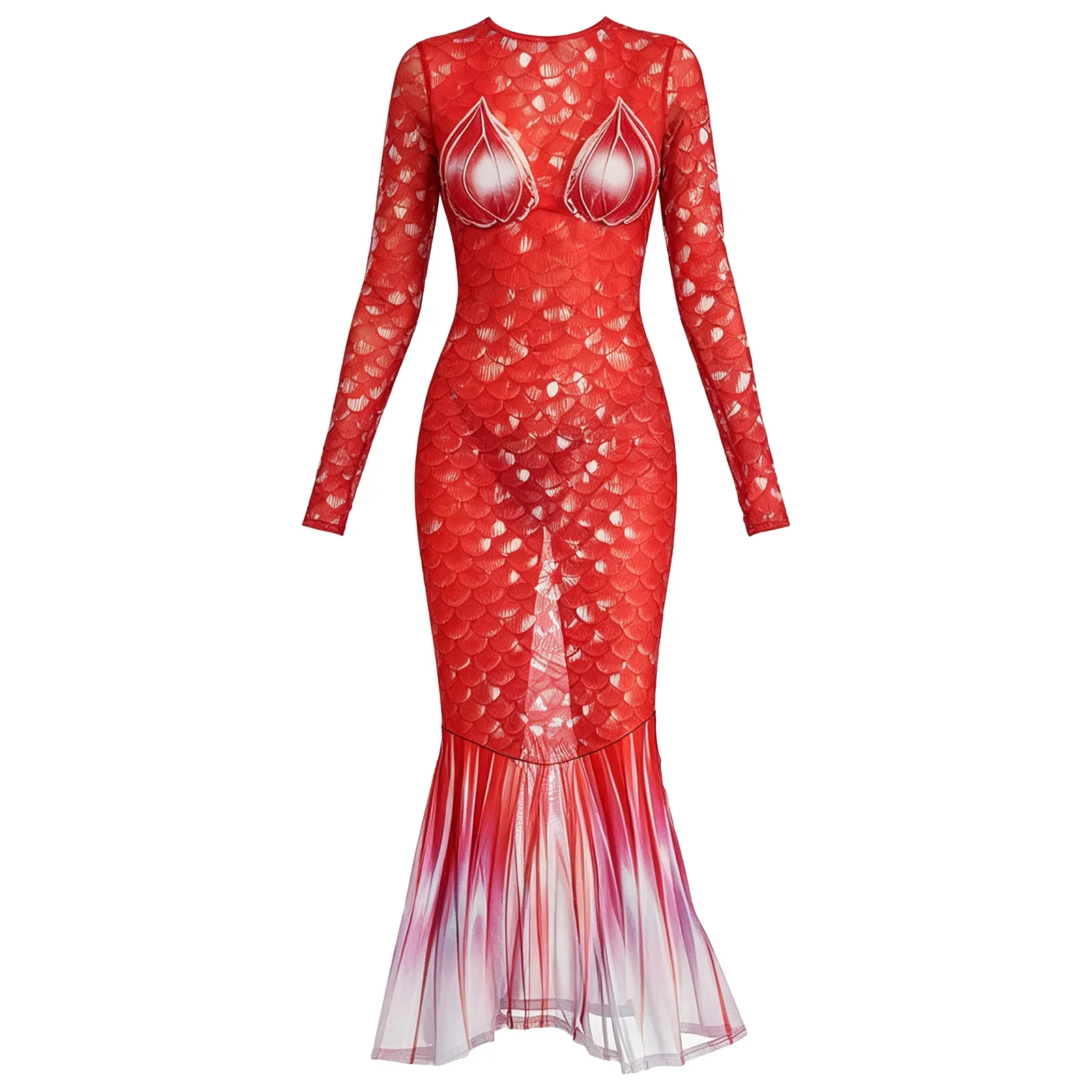 Damen Bikini Cover-up mit Farbverlauf und Fischschuppen-Print, Meerjungfrauen-Strandkleid, schmal geschnittenes Wickelkleid mit Fischschwanz und Rüschensaum, figurbetontes Kleid – Detail 3