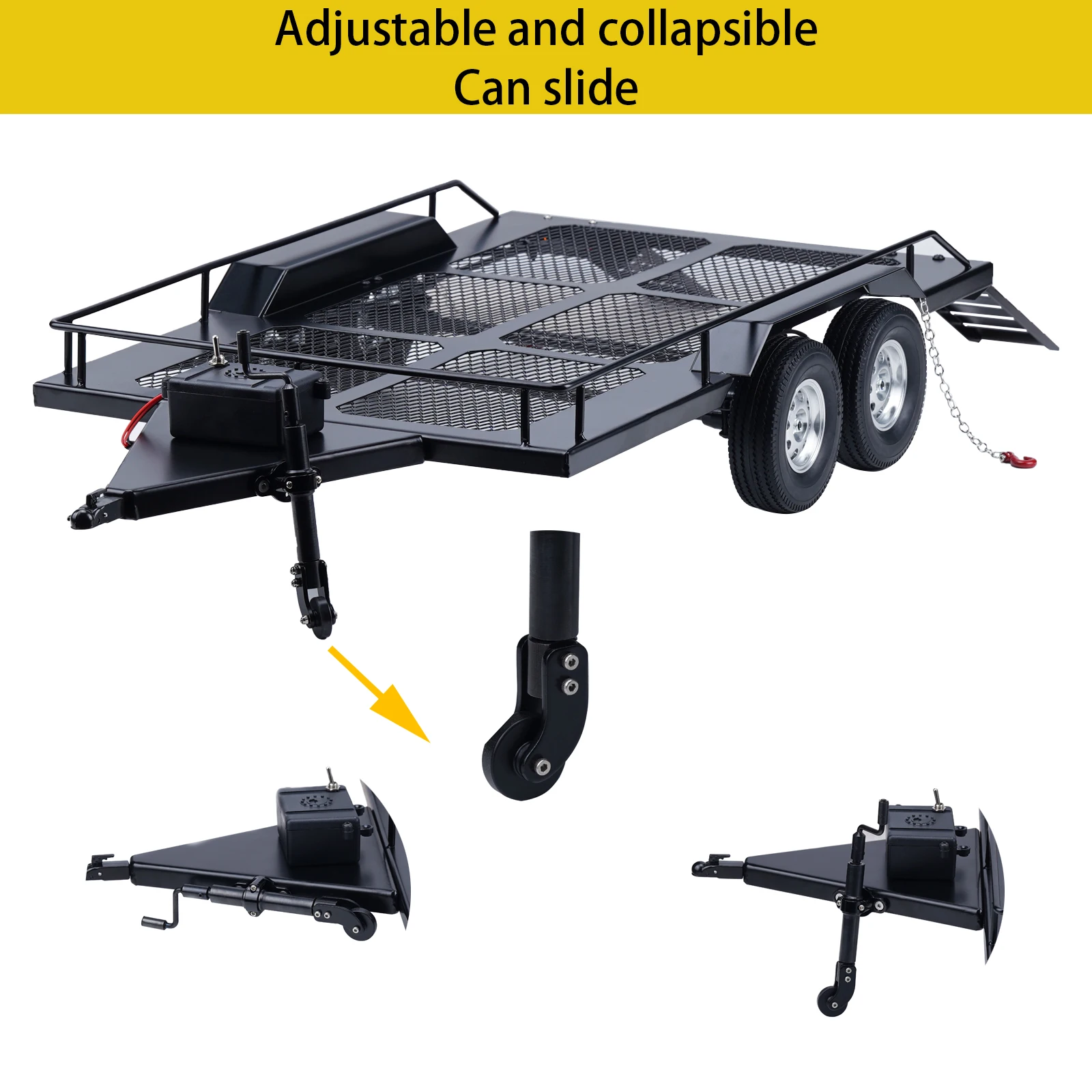 TCRC Metal Truck Trailer with Led Lights for 1/10 Axial D90 D110 SCX10 TRX4 Redcat GEN7 GEN8 RC Crawler Car Upgrades