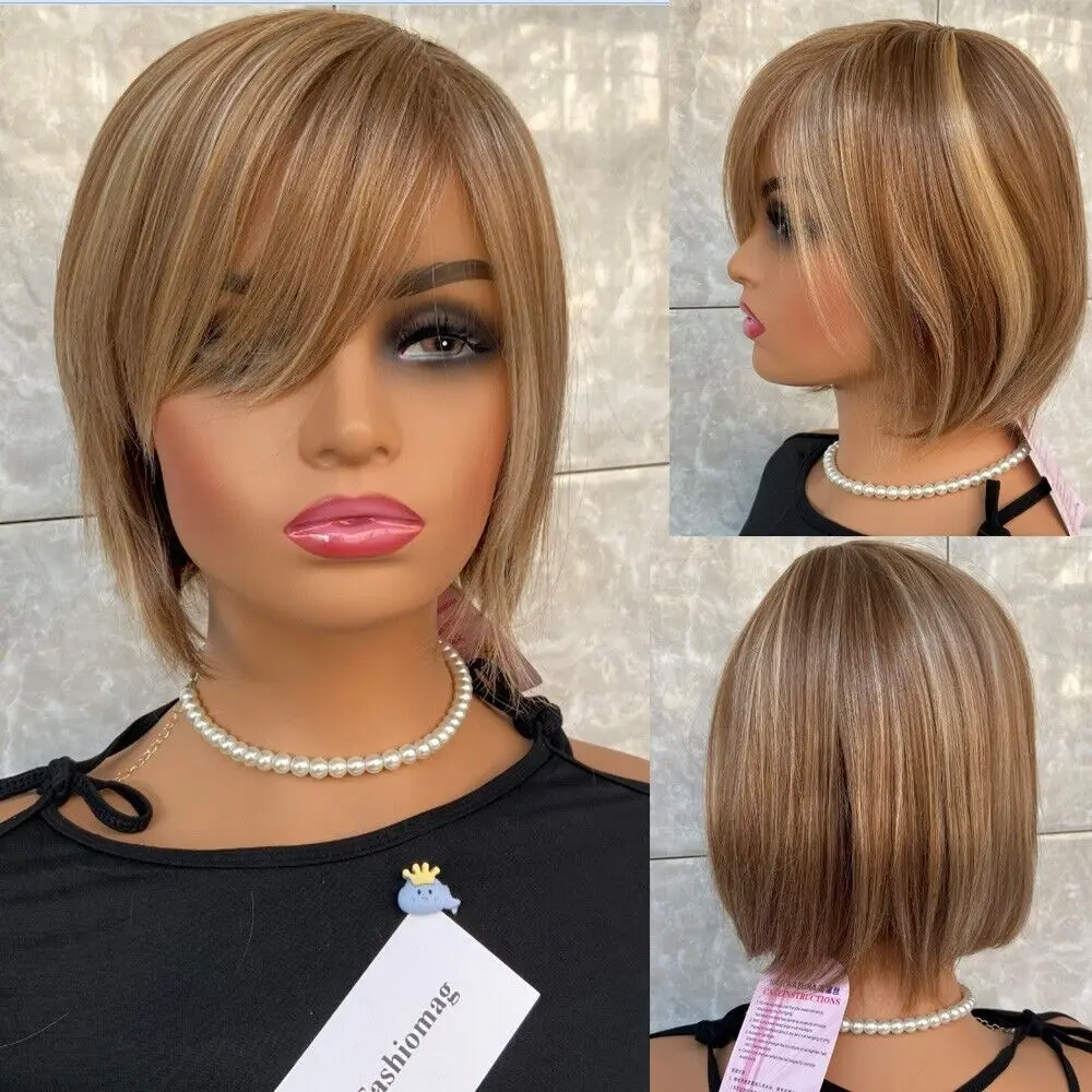 

Medium Straight Bob Brown Mix Human Hair Blend Women Natural Soft Wigs