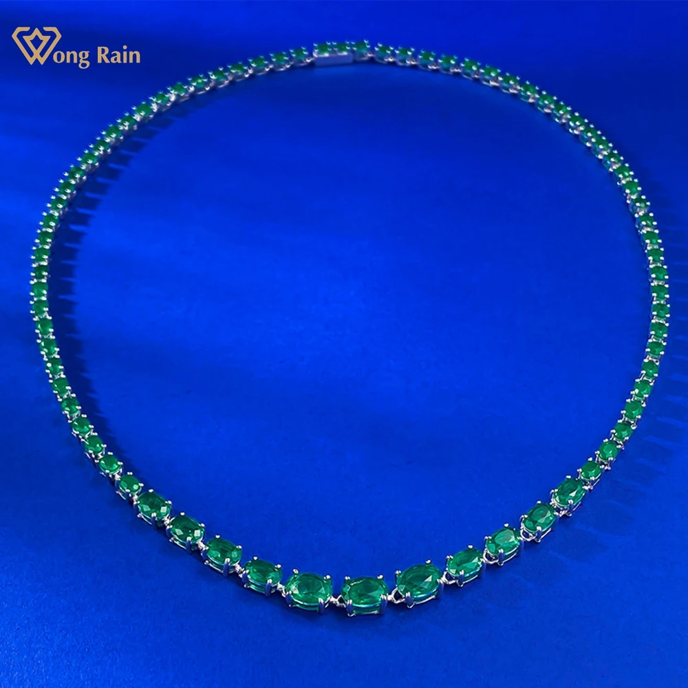 Wong Rain 100% 925 Sterling Silver Oval Cut Emerald Inlaid Gemstone Ladies Trendy Vintage Necklace Fine Jewelry Anniversary Gift